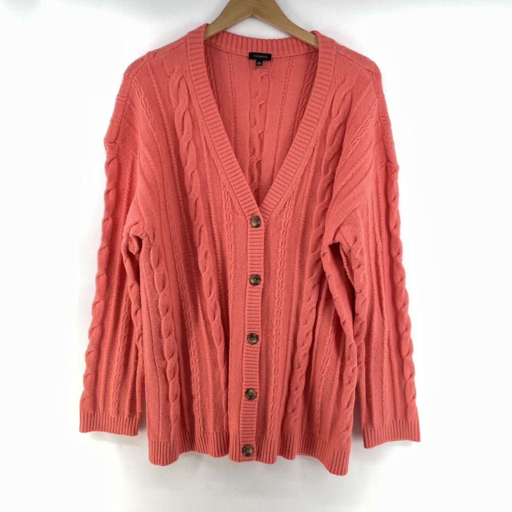 Talbots Cardigan Sweater Women XL Coral Cable Knit Button Up Wool Blend Preppy